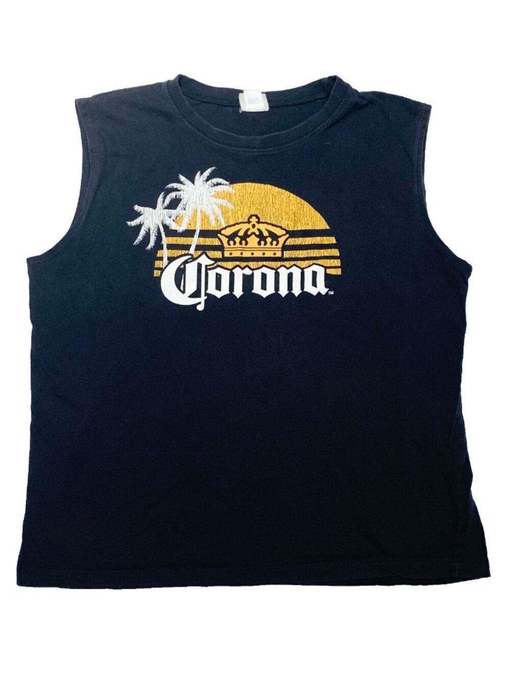 Vintage Corona Extra Muscle Shirt Men's XL Black Printed Palm Trees Sleeveless